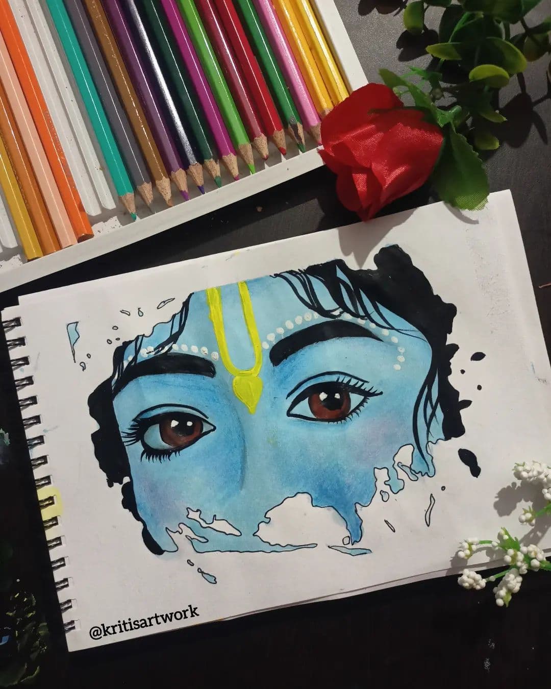 Krishnas eyes Acrylic painting;Mesmerizing acrylic painting capturing the divine eyes of Lord Krishna, ideal for meditation spaces.